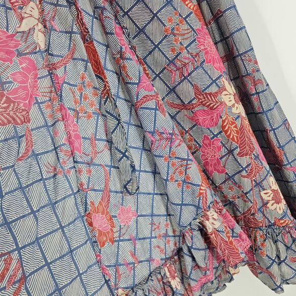 Apiece Apart Feliz Wrap Skirt Blue Red Floral Check Ruffle Hem Midi Size 0 - Picture 6 of 7